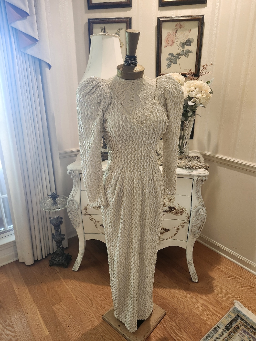 Vintage Karen Okada For David Howard Climax Winter White Sequin Dress Gown Small